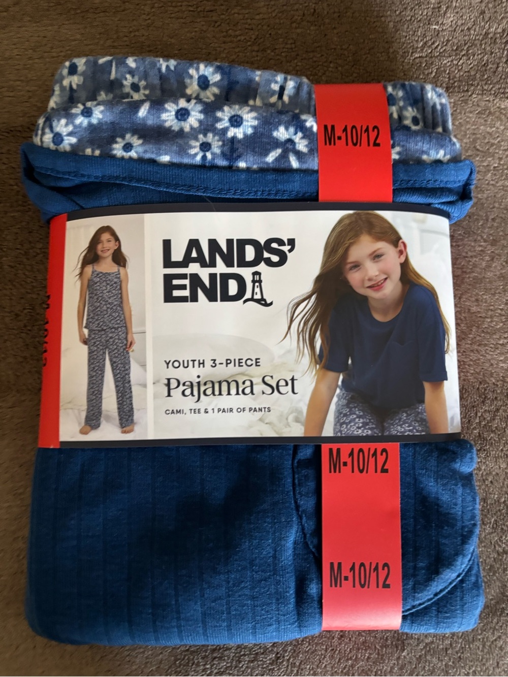 NWT Lands' End Girls' Blue 3-Piece Pajama Set with Floral Print